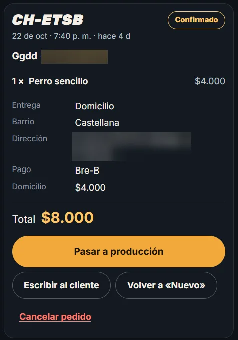 Tarjeta del pedido ya confirmado, con las opciones para continuar con el pedido.