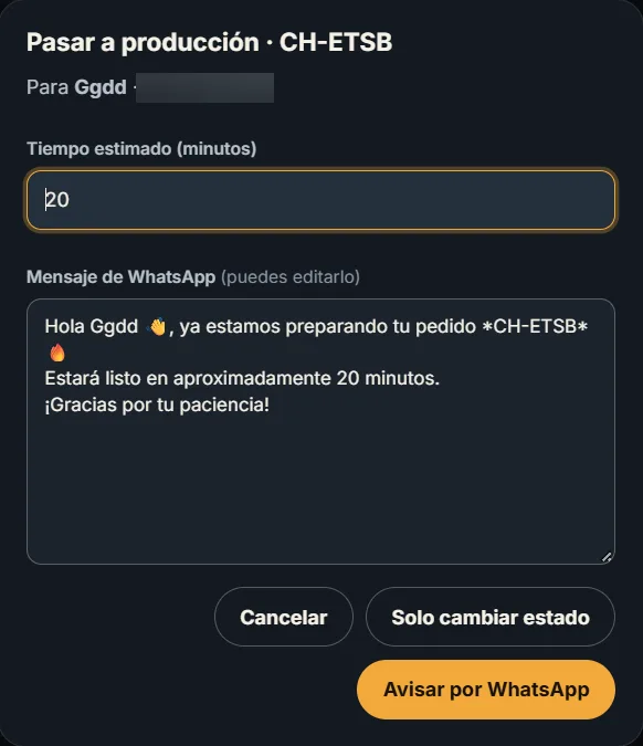 Pantalla para pasar el pedido a producción e indicar el tiempo estimado.