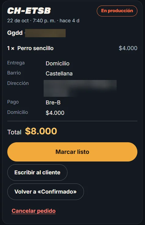 Tarjeta del pedido en producción, con el botón para marcarlo como listo.