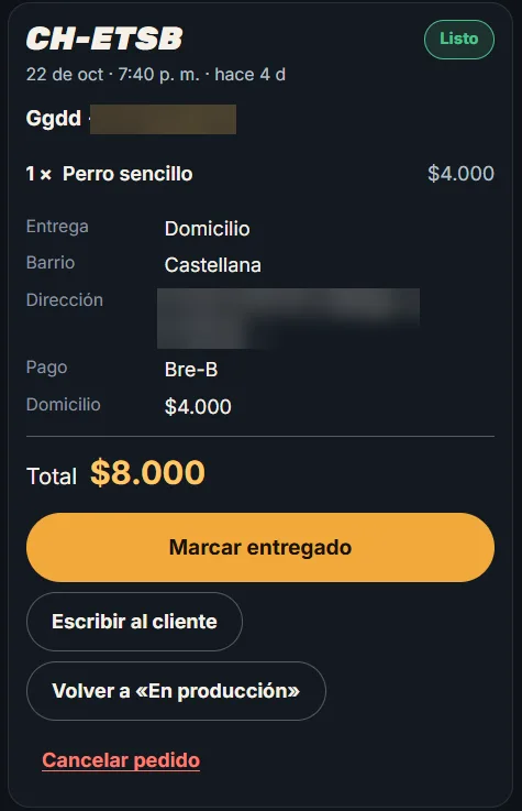 Tarjeta del pedido listo, con el botón para marcarlo como entregado.