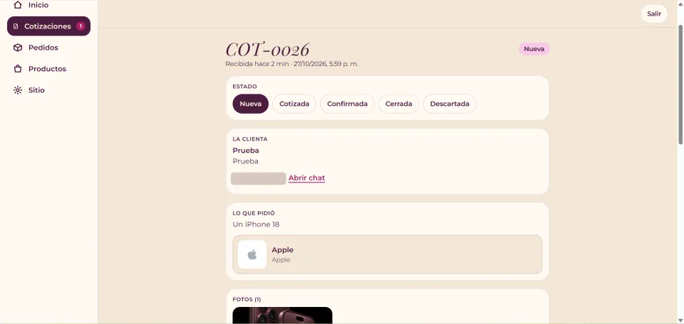 Panel de Wishie: detalle de una cotización con su estado, los datos de la clienta, lo que pidió y las fotos de referencia.