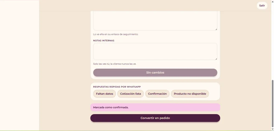 Panel de Wishie: respuestas rápidas por WhatsApp (faltan datos, cotización lista, confirmación, producto no disponible), notas internas y el botón para convertir la cotización en pedido.