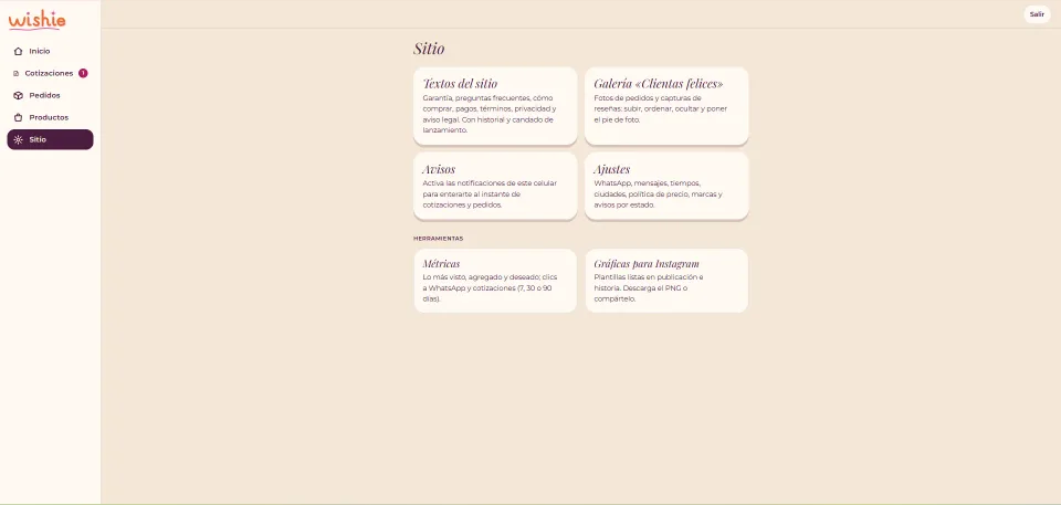 Panel de Wishie: sección Sitio con los textos del sitio, la galería de clientas, avisos, ajustes y las herramientas de métricas y gráficas para Instagram.